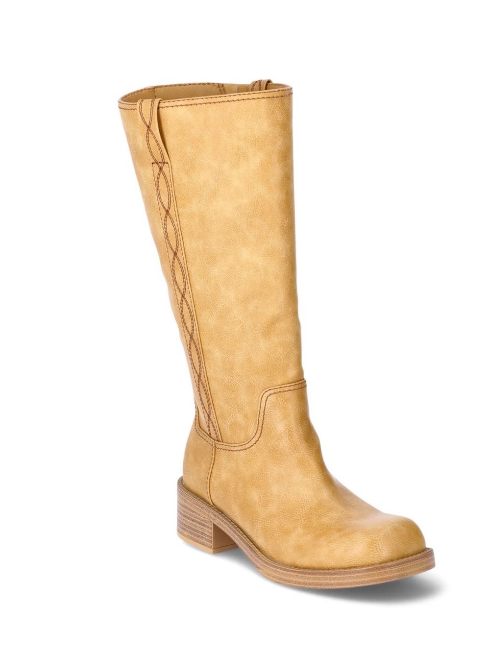 Stylish Tan Faux Leather Stitched Riding Block Heel Women’s Boots